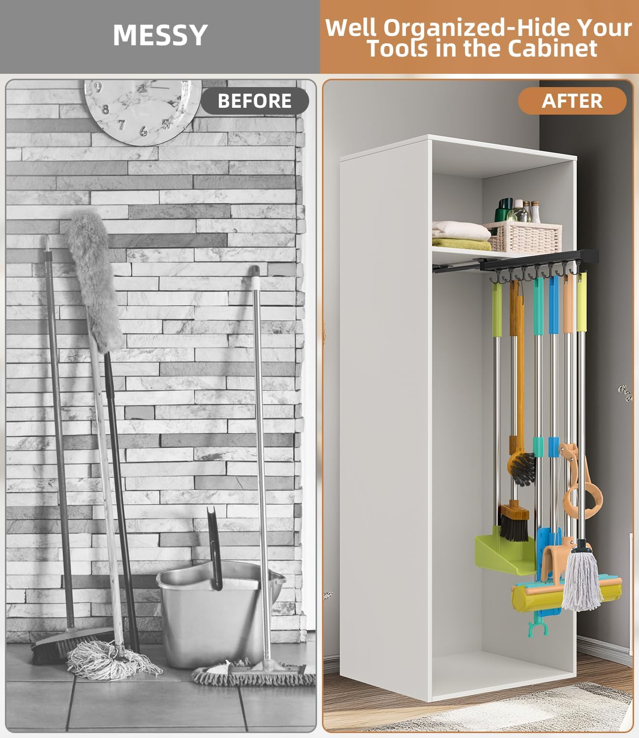 Primzooty Pull Out Broom Holder with Adjustable Double Row Sliding Hook, Multifunctional Slide Broom and Mop Storage/Organizer Garage Organization Hooks, for Closet Laundry - 41Cm/16.14Inch image number 6