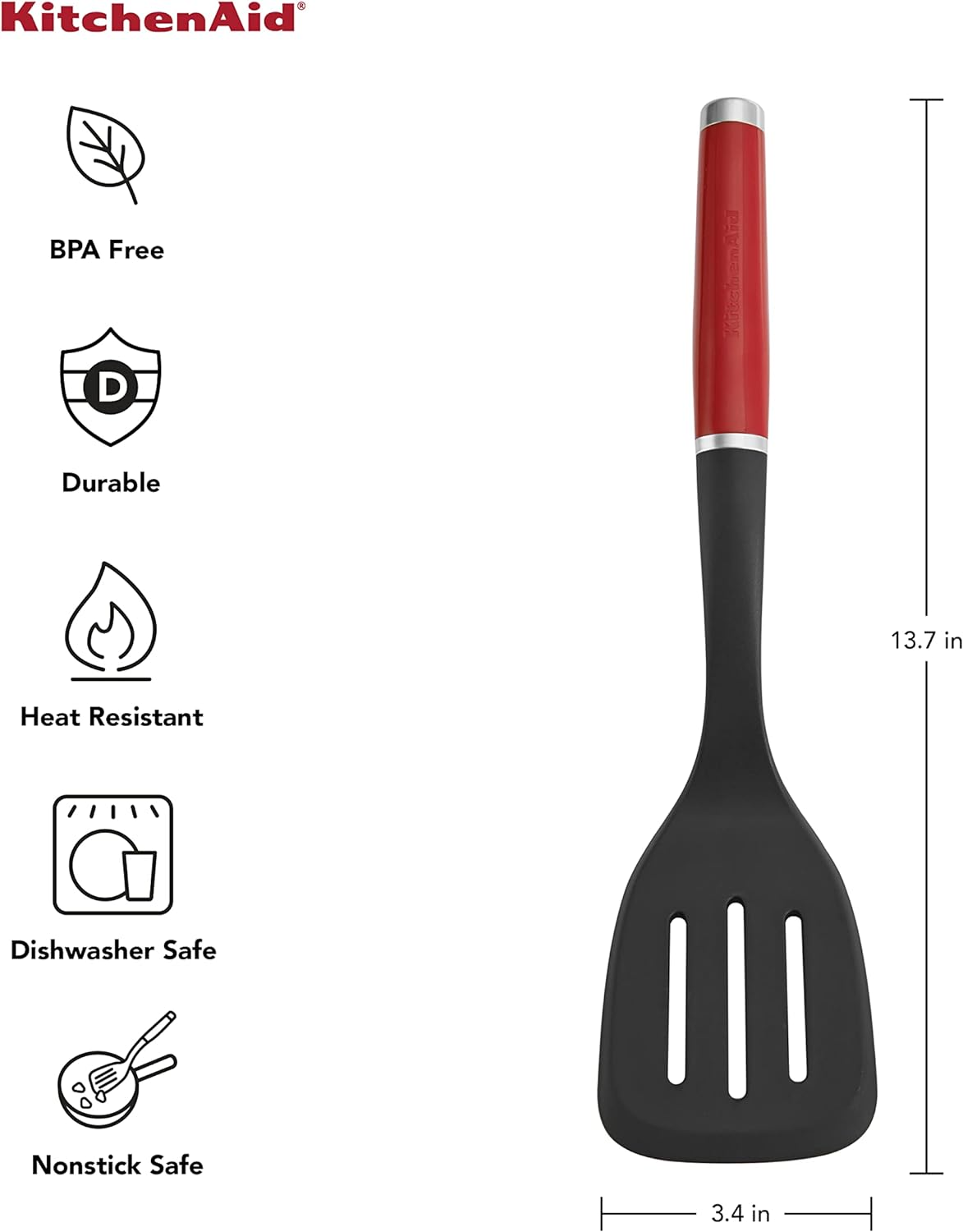 Kitchenaid Classic Slotted Turner - Nylon, Empire Red, Heat Resistant to 450&deg;F (232&deg;C) | Lightweight and Stain-Resistant | Lifetime Limited Warranty | Perfect for Flipping, Stirring, and Draining image number 2