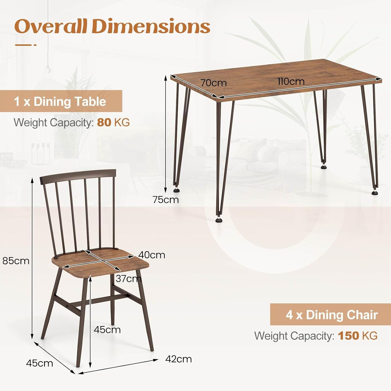 Giantex 5Pcs Dining Table Set for 4, Modern Kitchen Dining Room Furniture Set W/Kitchen Table, 4 Chairs, 360&deg; Swivel Feet, Metal Frame, Dinette Set for Small Place Home Office Breakfast Nook (Walnut) image number 3