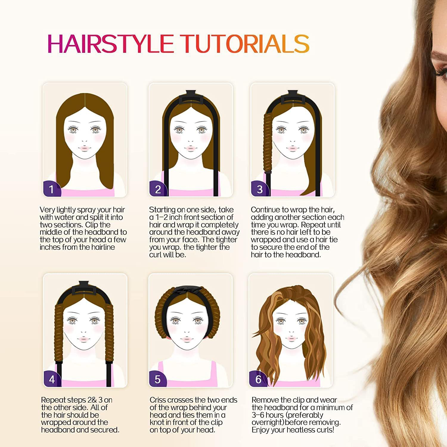 JIEYUCHU Curlers Curls without Heat, DIY Heatless Hair Curler Set, Manual Headband Curler, Hair Band, Wave Formers Overnight for Medium Long Hair (Black) image number 5