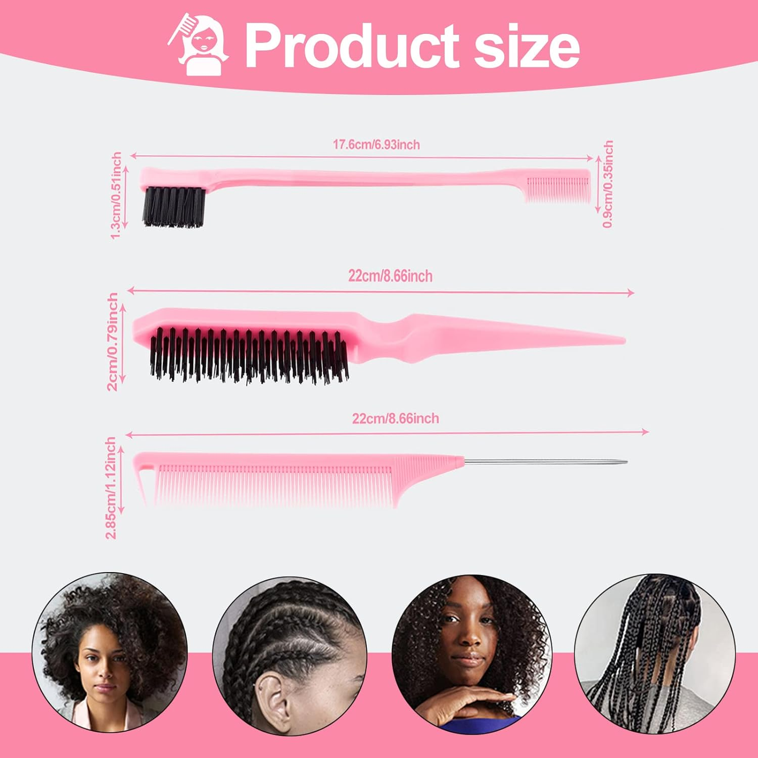 SWEET VIEW 3 Pcs Slick Back Hair Brush, Rat Tail Comb, Edge | Bristle Brush, Hair Accessories for Girls, Kids, Toddlers Sleek Ponytail/Bun, Edge Control and Smoothing Baby Hair & Flyaways - Black image number 4