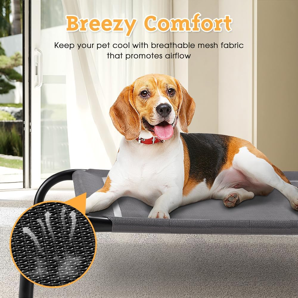 Petzly Cooling Elevated Dog Bed for Small Medium Dogs, Portable Indoor & Outdoor Pet Hammock with Skid-Resistant Feet, Upgraded Frame Dog Cot with Washable Breathable Mesh, Grey, 87X65X20Cm