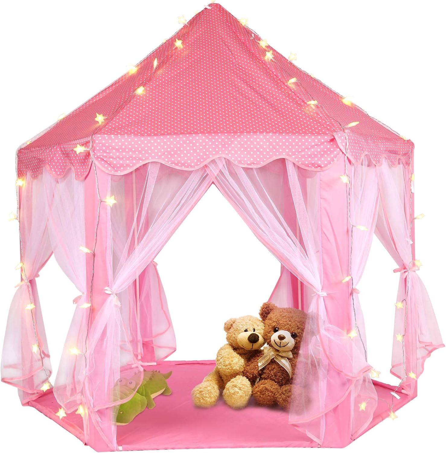 Volscity Princess Tent for Girls,Kids Castle Play Tent with LED Star Lights,Large Playhouse Girl Toy Gifts Age 3+,Indoor and Outdoor Games 55.5"X 53"(Dxh) Pink (Pink) image number 5