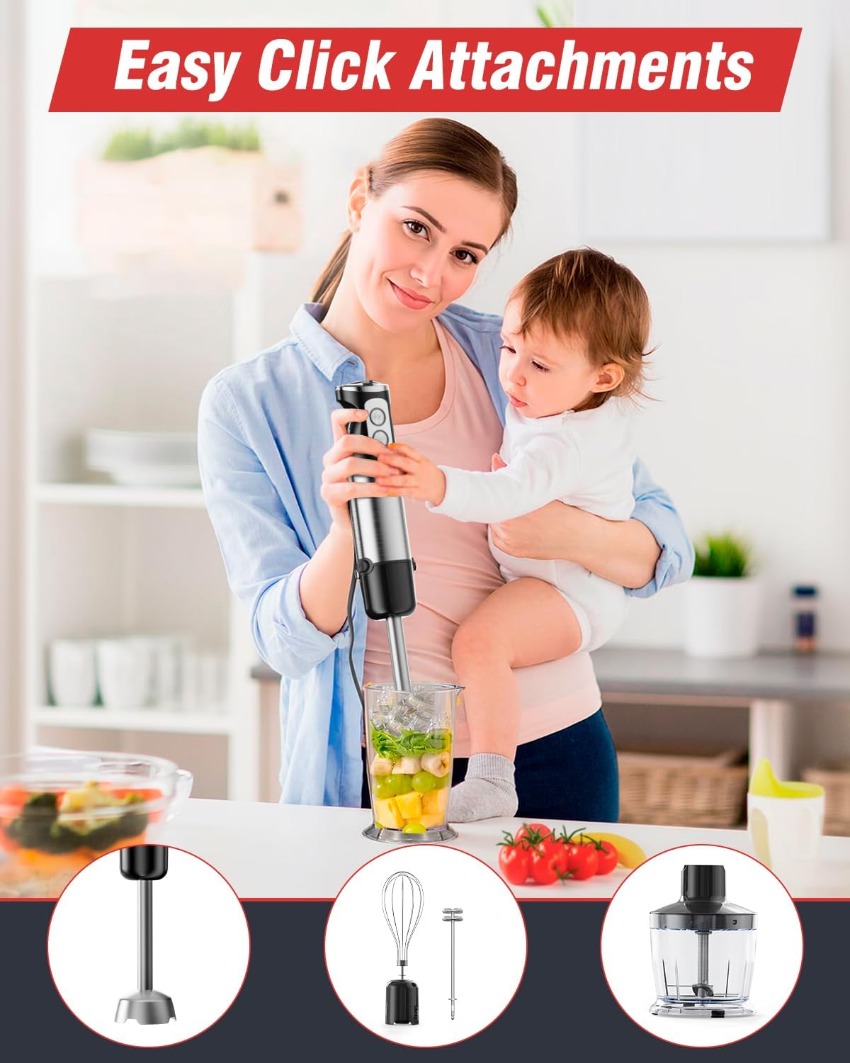 Hand Stick Blender - 1200W Immersion Handheld Blender Set, 5In1 Electric Blender Heavy Duty Motor with 6 Speed Handheld Mixer with 600Ml Mixing Beaker, 500Ml Chopper, Whisk and Milk Frother, Bpa-Free image number 4