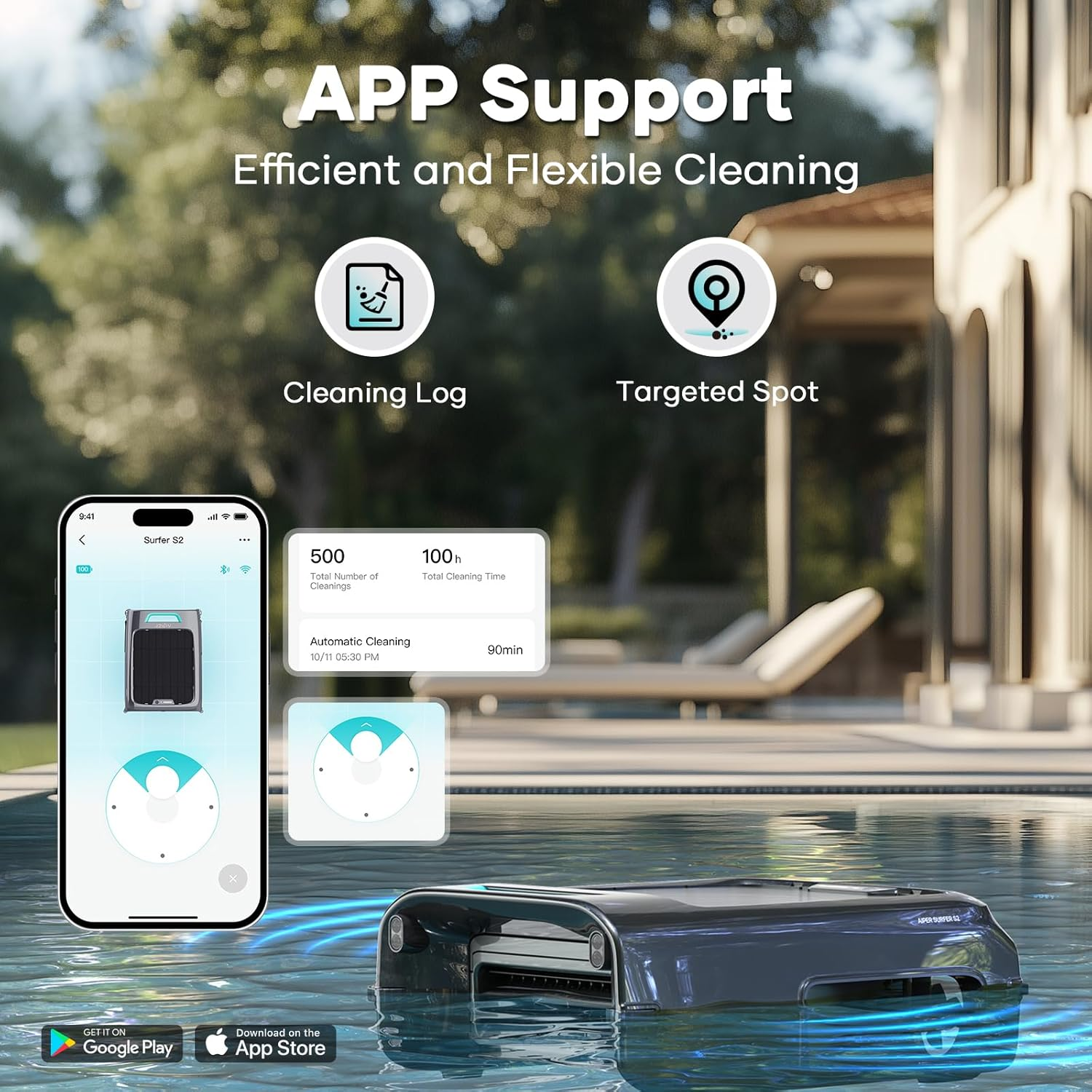 AIPER Surfer S2 Robotic Solar Pool Skimmer with APP Support, 24/7 Cleaning, Dual Charging Modes, Smart Obstacle Avoidance, Ideal for Most Swimming Pool Types image number 2
