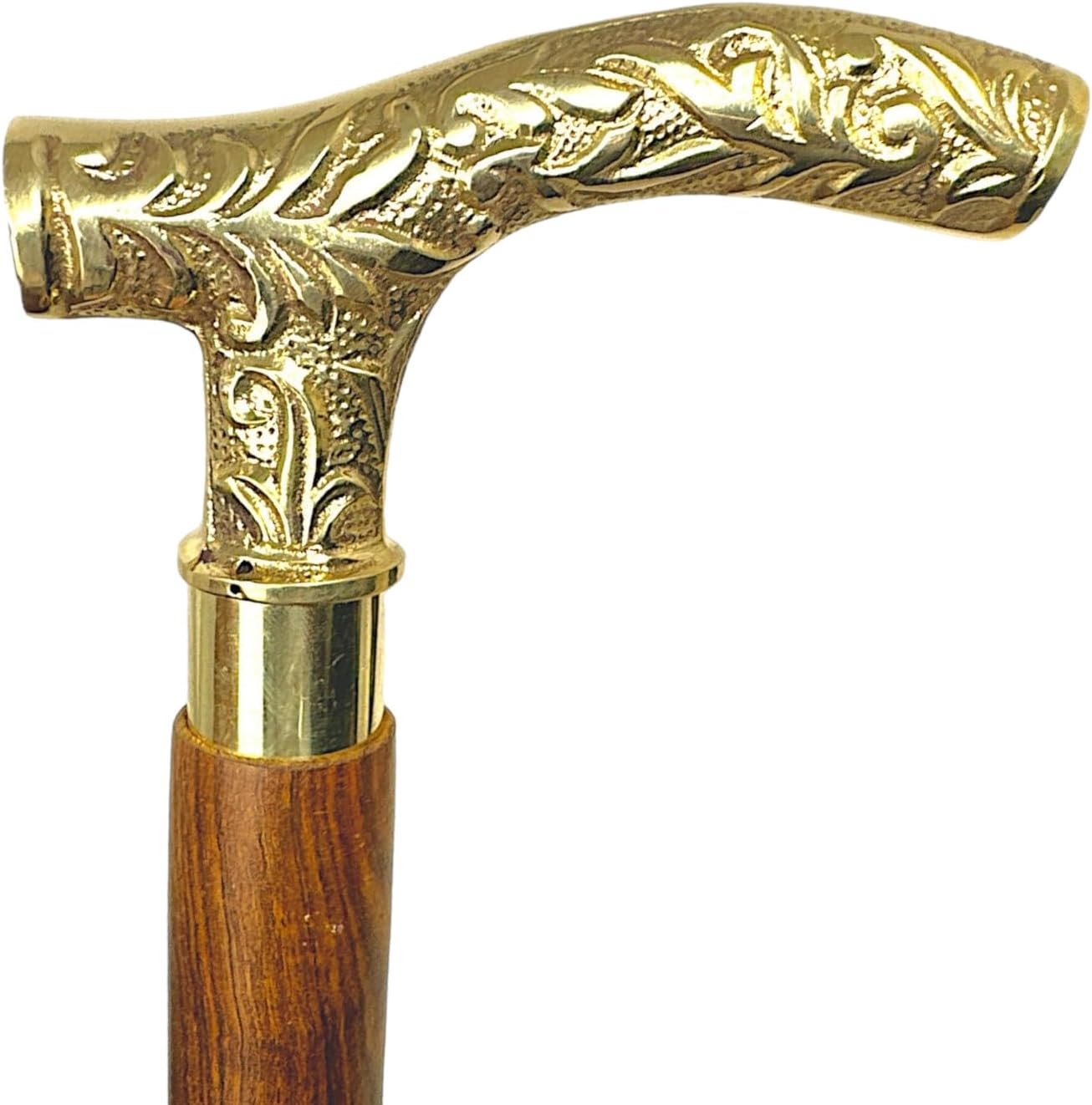 Vintage Walking Cane with Brass Handle, Wooden Stick with T-Shape Derby Handle