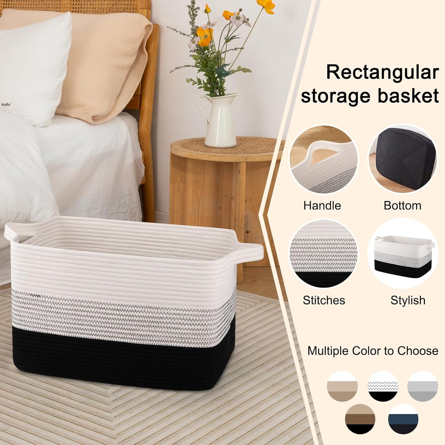 3 Pack Storage Basket, Cotton Rope Woven Basket with Handles for Shelf, Pet Toy, Book, Cloth, Storage Organizer for Living Room, Bathroom (Gradient Black, M) image number 3