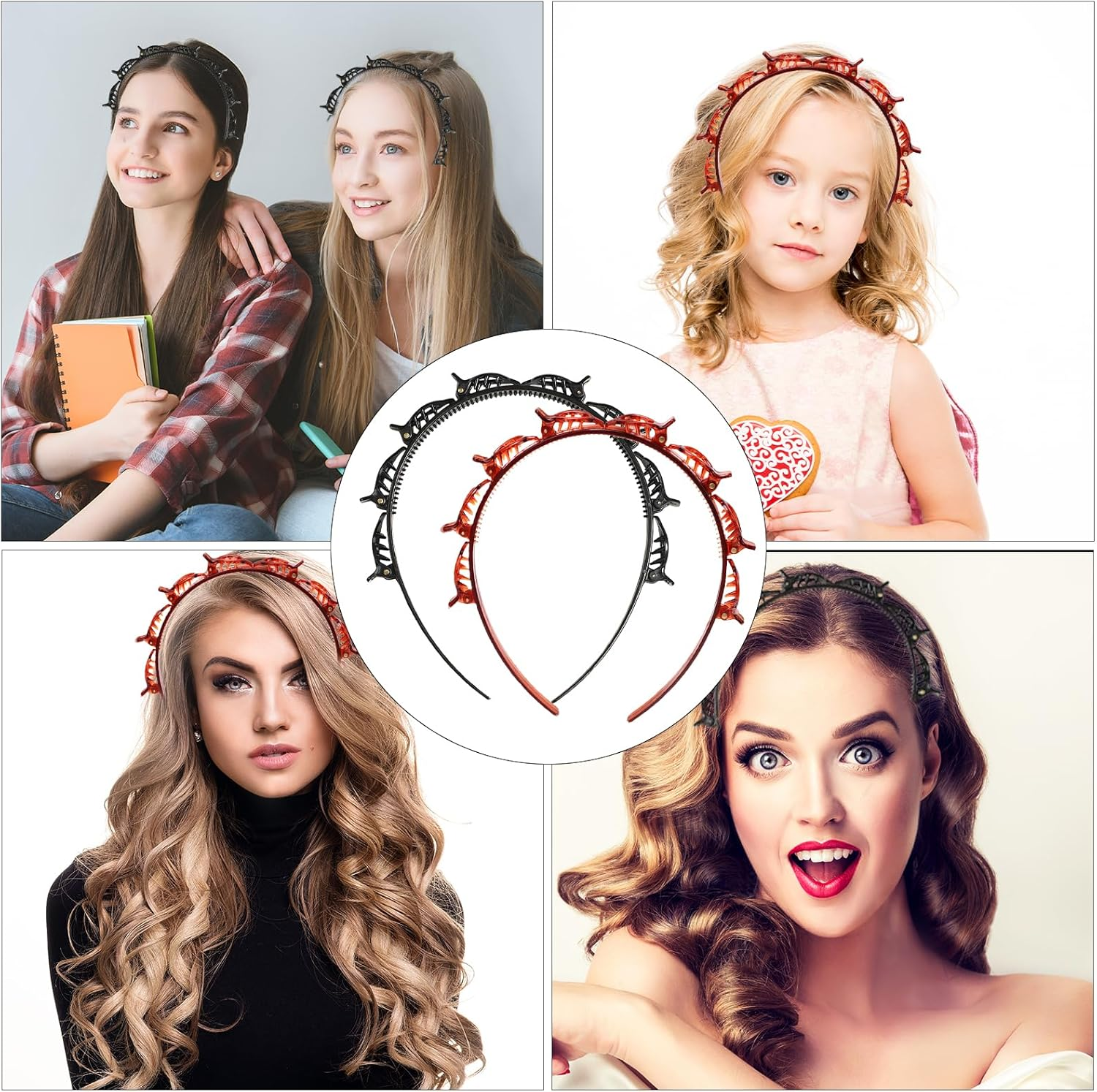 Pack of 2 Hair Bands with Clips, Double Bangs Hairstyle Hairpin, Hair Bands with Clips, Women'S Headband for All Hair Types and Hairstyles (Black and Brown, 1) image number 1