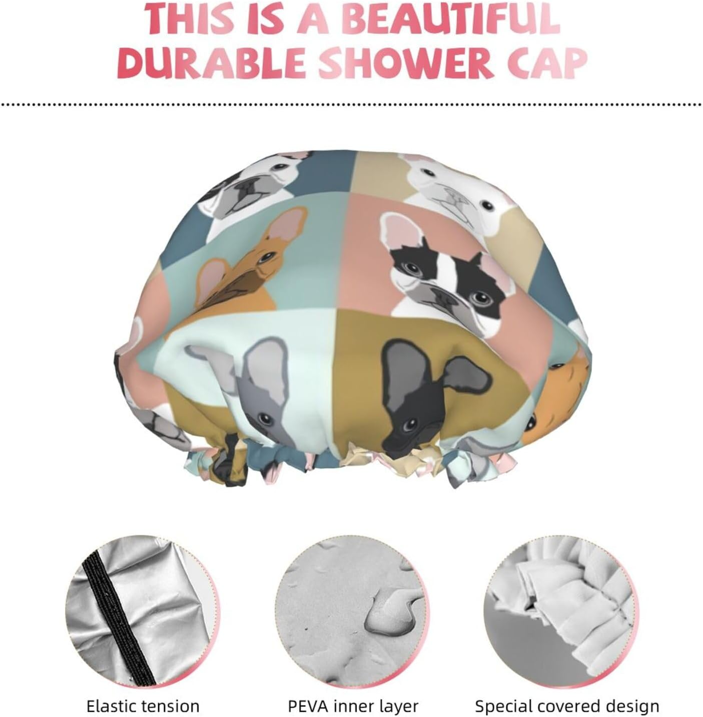 WURTON French Bulldog Print Women Soft Lightweight Shower Cap Shower Capbathing Hat for Long Hair, Breathable