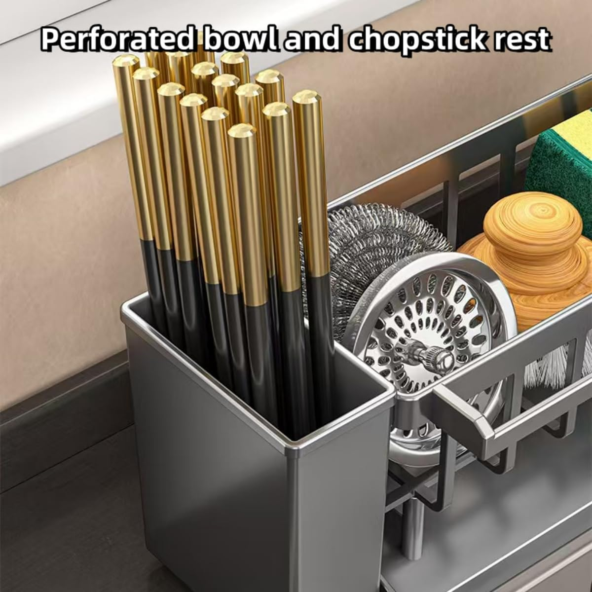 Sponge Holder for Kitchen Sink,Kitchen Sink Organizer,Sink Caddy,High-Strength ABS Material Dish Sponge Organizer with Water Tray,Dish Soap Holder Storage(Black) image number 4