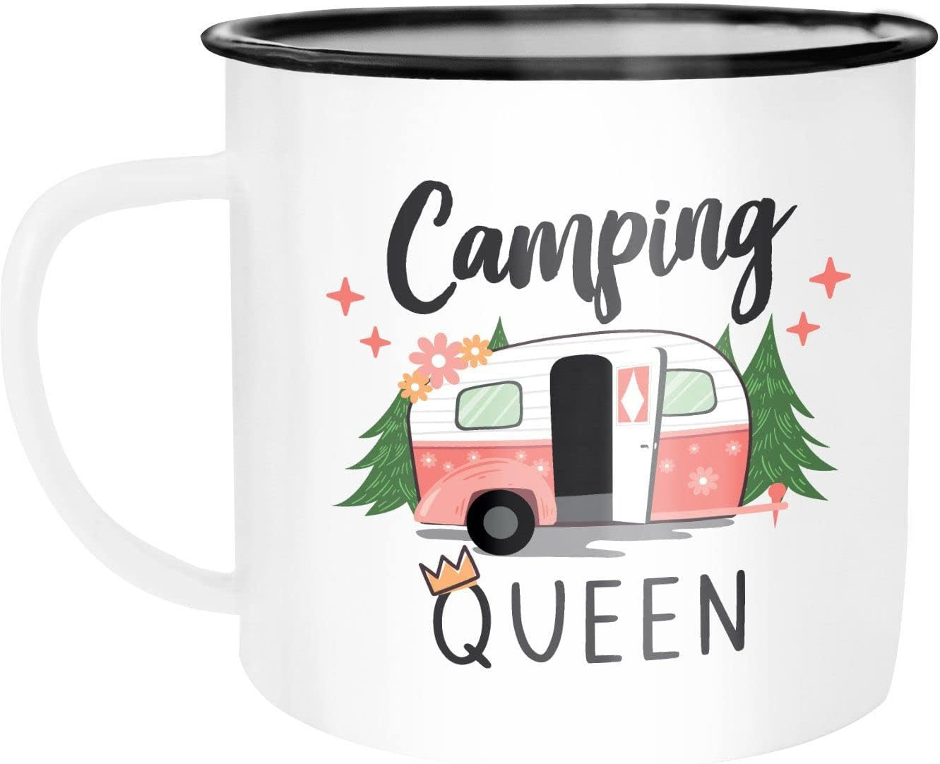 Moonworks&reg; Enamel Mug Camping Queen King Caravan Gift Camper Camping Holiday Accessories Queen Enamel White Black Standard