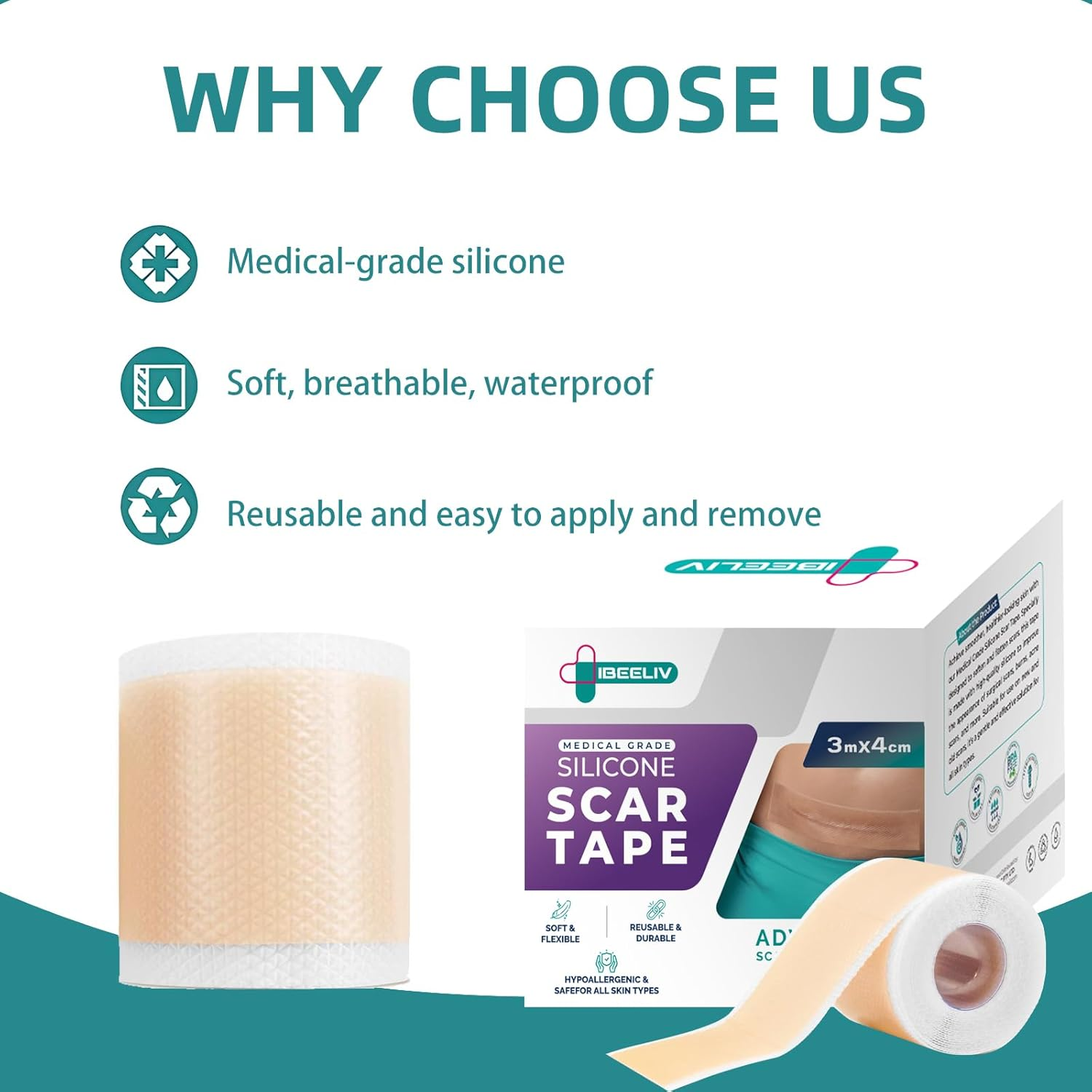 Silicone Scar Tape for Surgical Scars: 3 Meters Scar Gel Sheets for C-Section Tummy Tuck Recovery and Treatment &ndash; Reusable Scar Strips for Keloid Burn Scars Removal (1.6'' X 120'' Roll-3M) image number 2