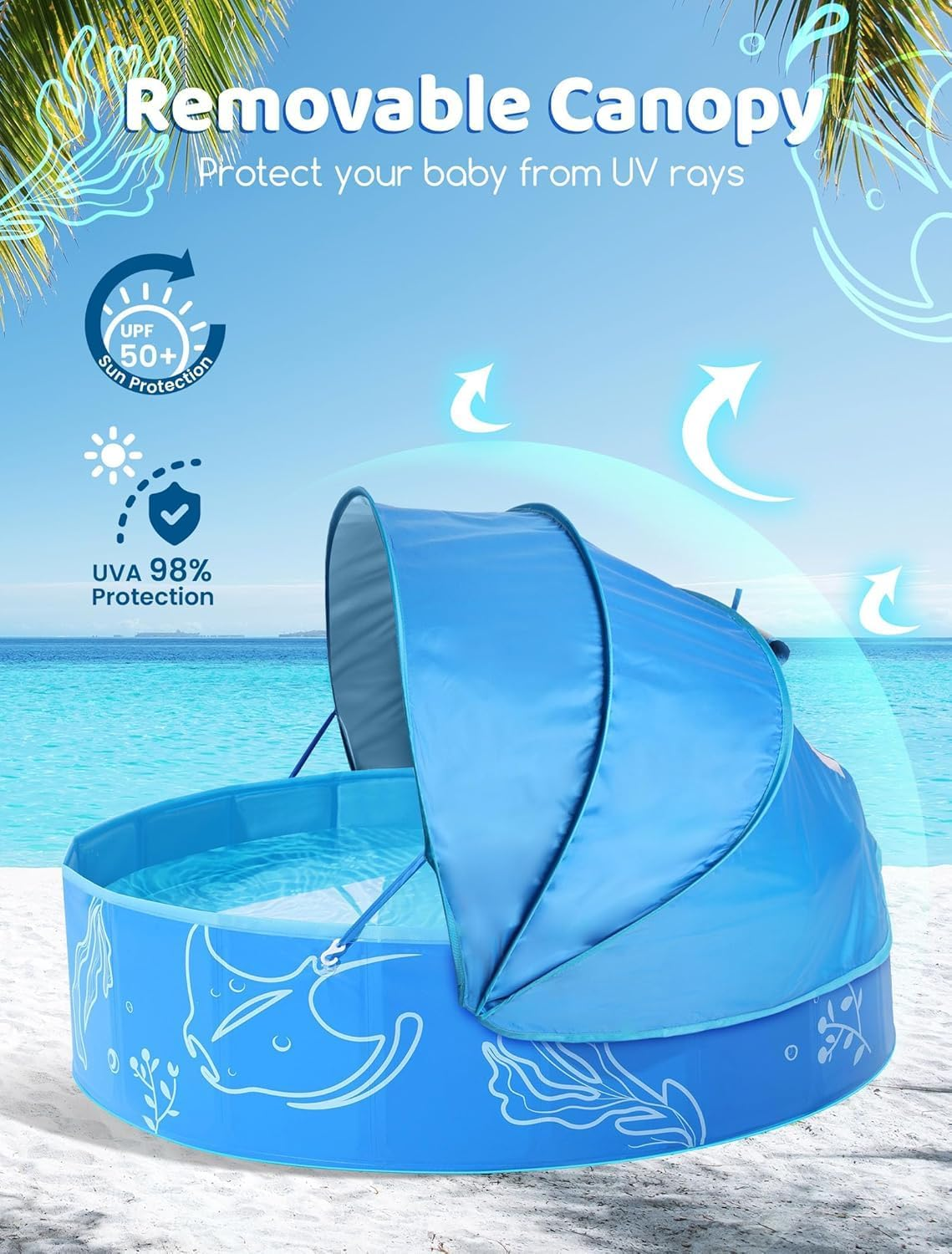 Foldable Kiddie Pool with Canopy: 119Cm Baby Pool and Beach Tent for Toddlers Infants 6-12 Months and Kids 2-4 Years Old - Portable Water Play with Shade for Outdoor Backyard Beach (Blue-Blue) image number 3