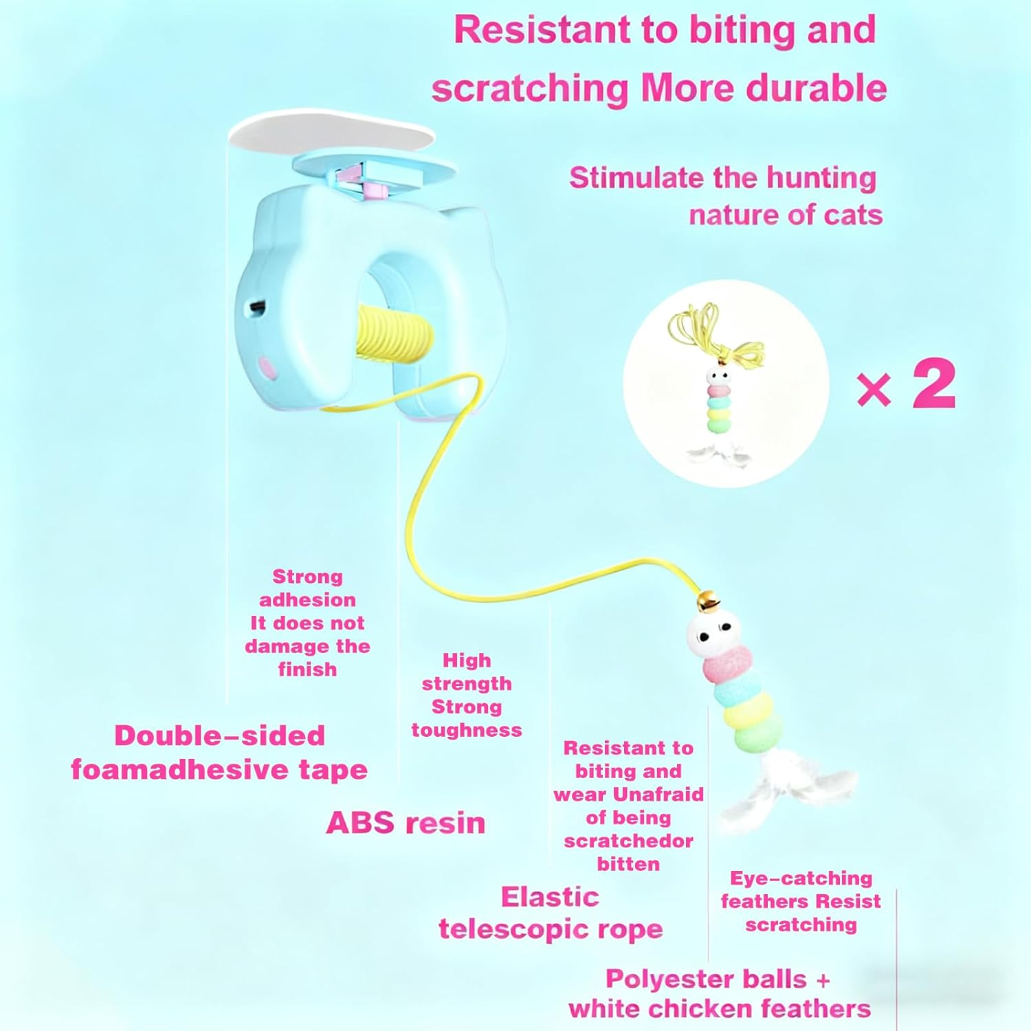 Upgraded Interactive Cat Toy with 2 Replaceable Feather Tops & 1.8M Long Rope | Hanging Toy for Door & Wall | Automatic Retractable Feather Toy for Indoor Cats | Kitten Chase Exercise Playing image number 5