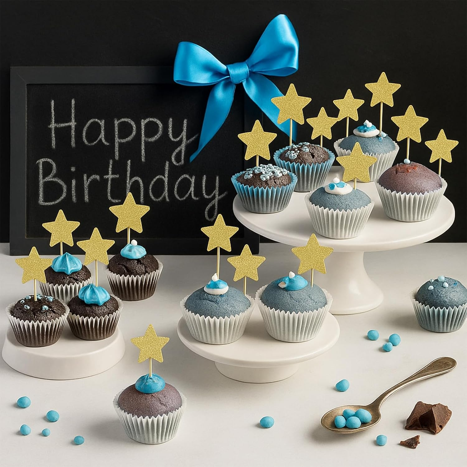 30PCS Gold Glitter Star Cake Toppers - Assorted Size Cupcake Picks for Birthday/Wedding/Baby Shower Decorations - Edible-Grade Party Supplies image number 1