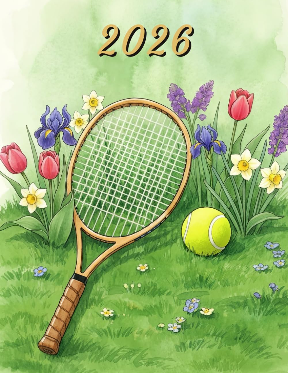 2026: Large Monthly Calendar Planner &ndash; Watercolor Tennis Racket and Ball with Flowers