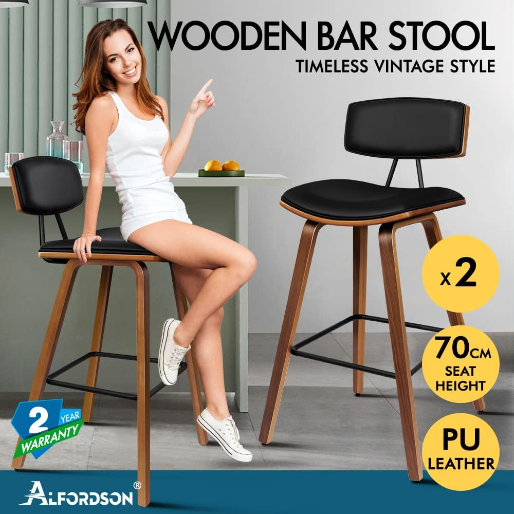 ALFORDSON 2Pcs Vintage Wooden Bar Stools Kitchen Dining Chair Black Counter Chair with Footrest, Backrest and Anti-Slip Pads for Home Bar Dining Room image number 3
