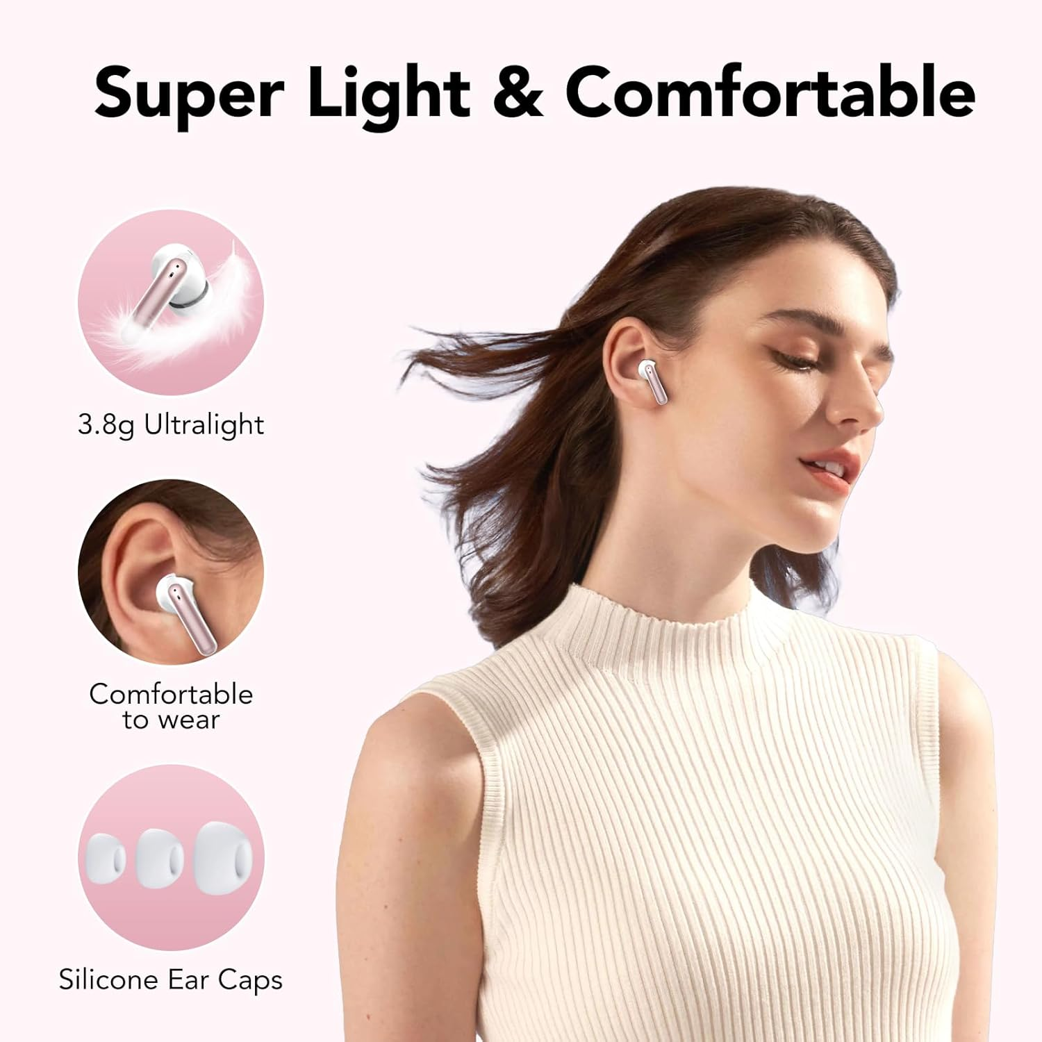 Wireless Earbuds, Bluetooth 5.4 Headphones with 4 ENC Call Noise Cancelling Mics, Bass Boost 85%, 50Hrs Playtime, IPX7 Waterproof, Mini Earbuds for Work, Sleep, Travel, USB-C, Rose Gold