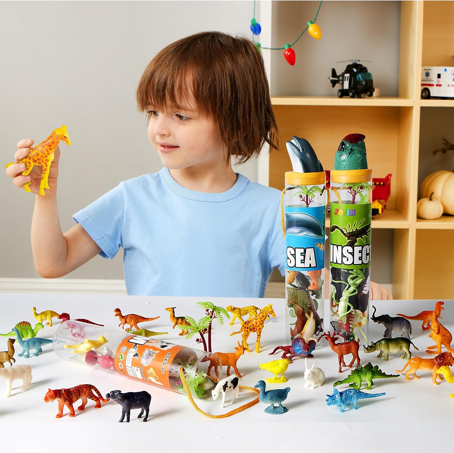 JOYIN 69 Pcs Small Animal Figures, Mini Jungle Toy Set with Sensory Bin, Realistic Wild Forest Playset, Zoo, Ocean, Farm Animals Figurines, Dinosaur Party Favors, Gifts for Boys and Girls, Kids 3-5 image number 1