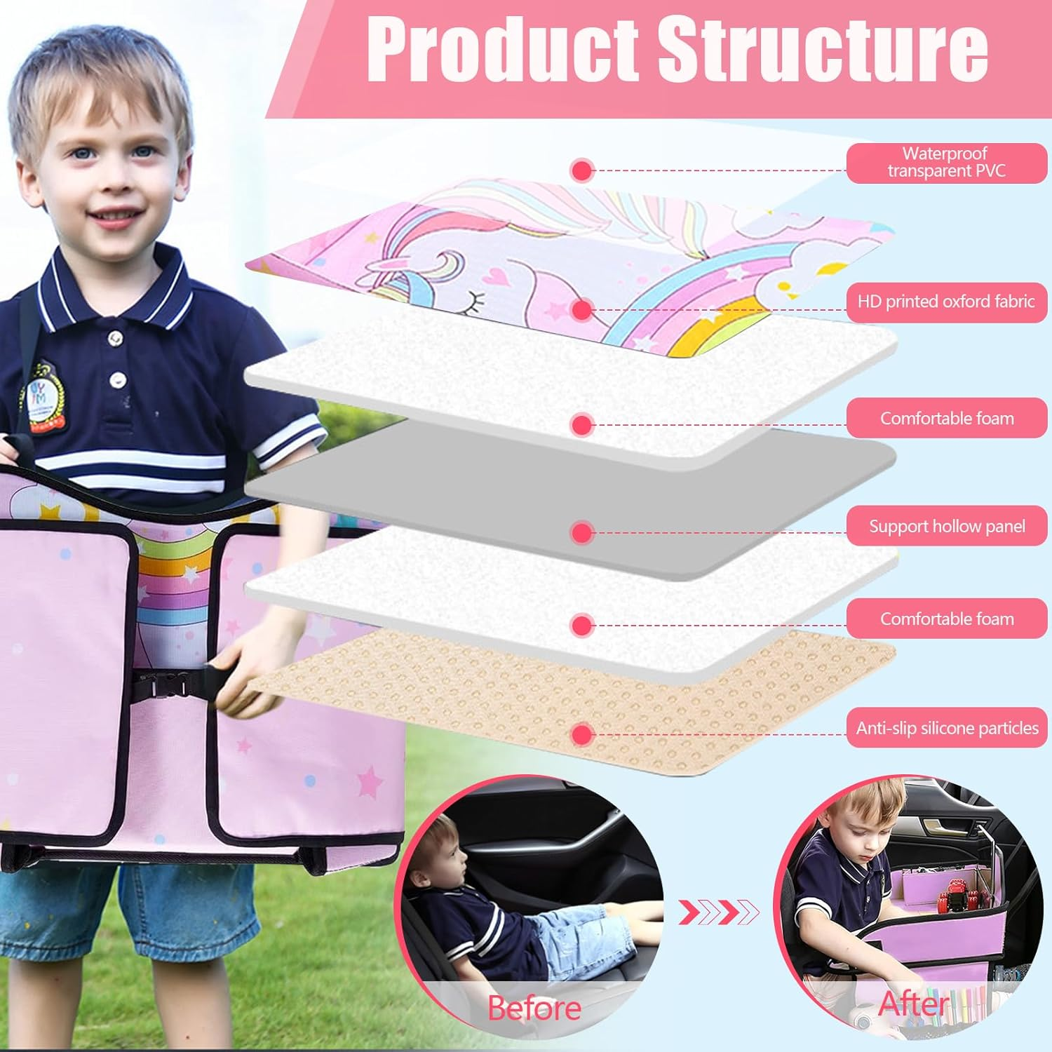 Kids Car Seat Organizer Travel Tray, Toddler Car Seat Play Tray Organizer, Portable Large Multifunction Backseat Tray Table Holder, Drawing, Food & Snack Lap Tray Carseat for Child (Pink) image number 3