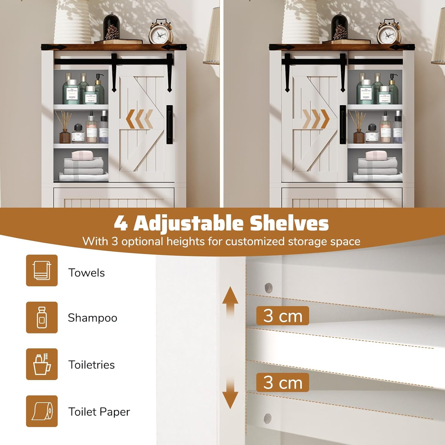 Giantex Farmhouse Bathroom Floor Cabinet, Freestanding Storage Cabinet with Sliding Barn Door, Adjustable Shelves & 2 Storage Drawers, Wooden Storage Organizer image number 3