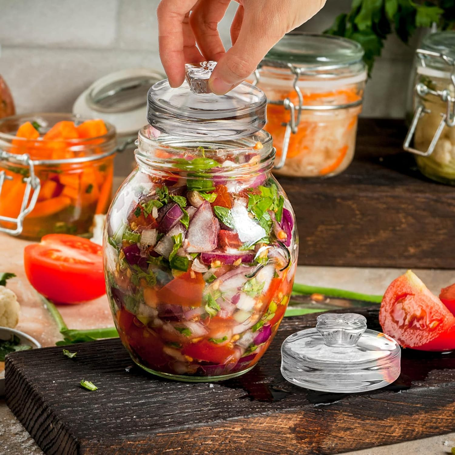 Okllen 9 Pack Glass Fermentation Glass Weights for Large Wide Mouth Mason Jars, Pickling Glass Weight with Easy Grip Handle, Dishwasher Safe image number 2