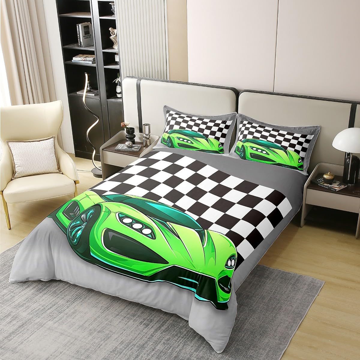 100% Cotton Boys Racing Car Comforter Cover 155 X 220, Extreme Sport Automobile Soft Breathable Duvet Cover, Racing Car Bed Linen, Black White Plaid Pattern Quilt Cover for Children, Boys, Teens image number 5