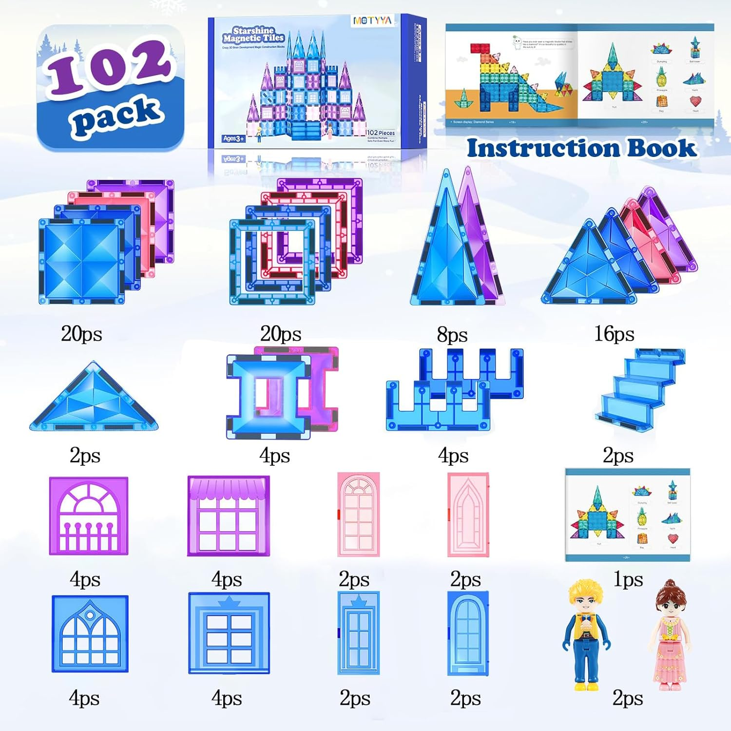 102Pcs Frozen Princess Castle Magnetic Tiles Building Blocks - 3D Diamond Blocks, STEM Educational Toddler Toys for Pretend Play, 4 Year Old Girl Birthday Gifts Kids Ages 3 5 6 7 8 image number 1