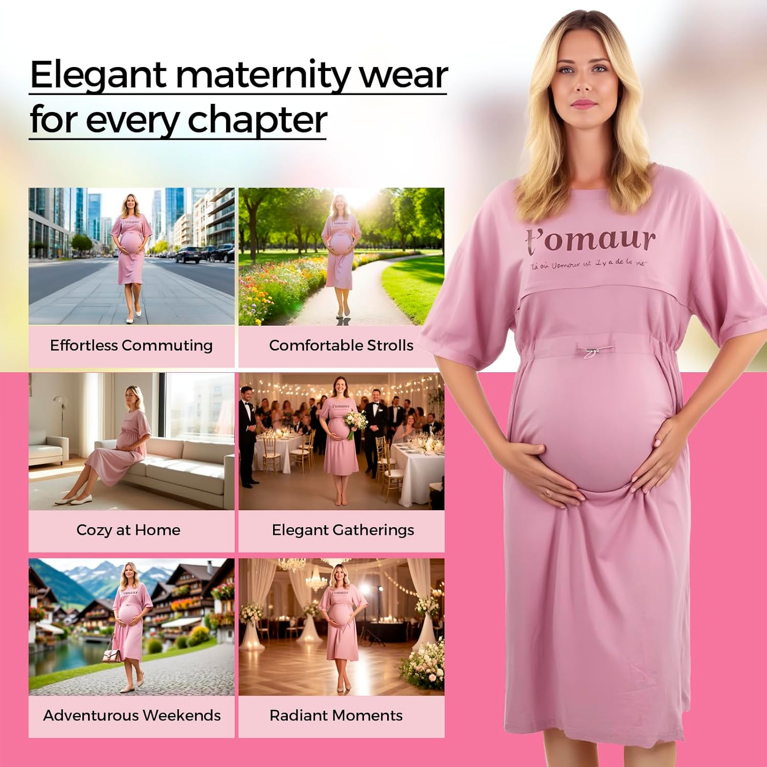 Maternity Dress - Nursing Breastfeeding Dress for Pregnant Women, Knee-Length Short Sleeve Casual image number 5