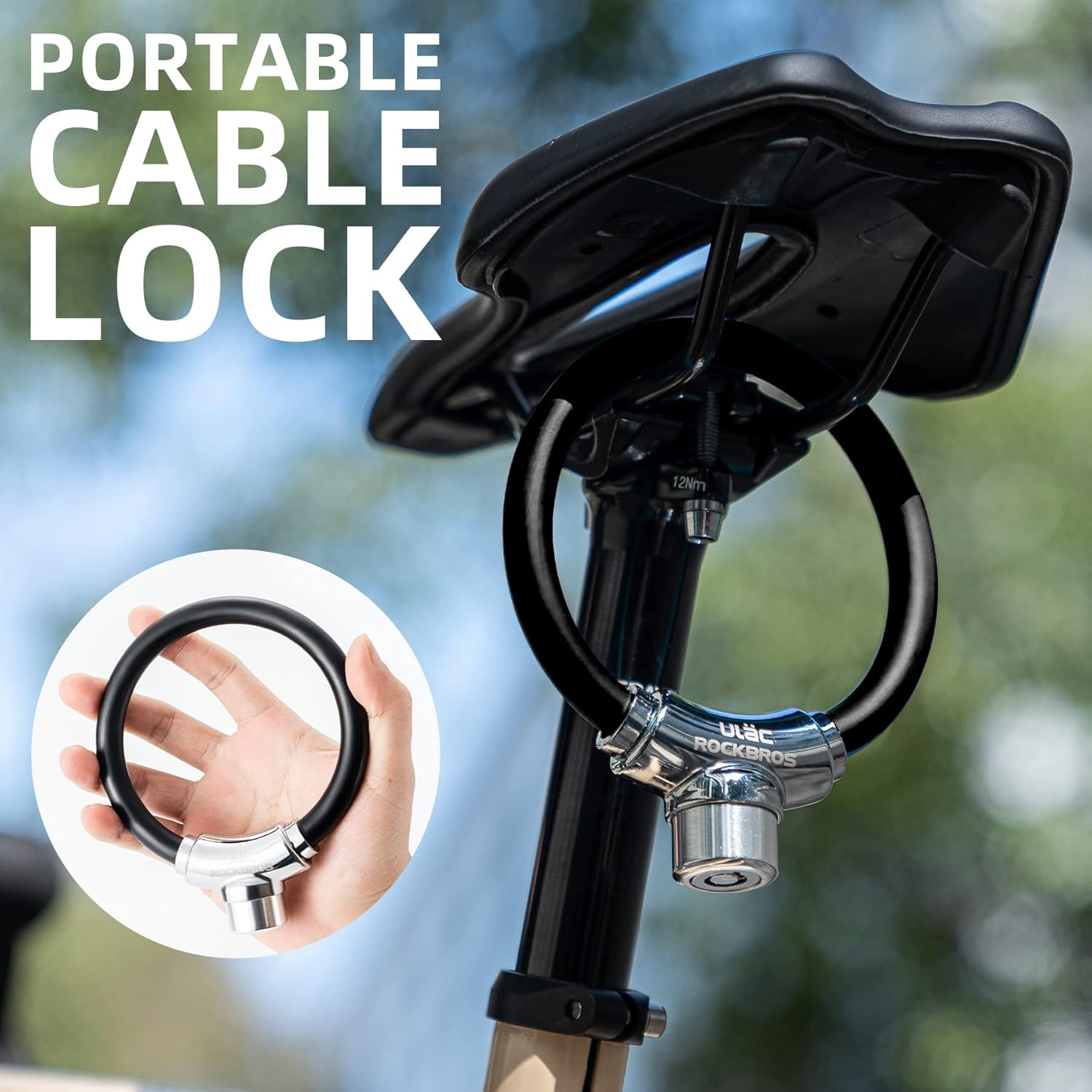 ROCKBROS Anti-Theft Bike Cable Lock, Black, Portable, Key Lock, Rustproof image number 3