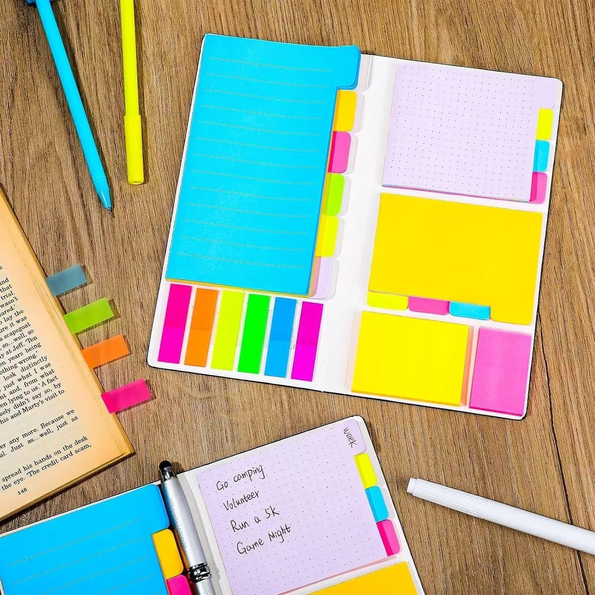 HENWUBEI 410-Sheet Sticky Note Set with 6 Sizes & Colors, Reusable Self-Adhesive Planner Sticky Notes for Students, Teachers, Office,Divider Tabs - Portable Leather Organizer