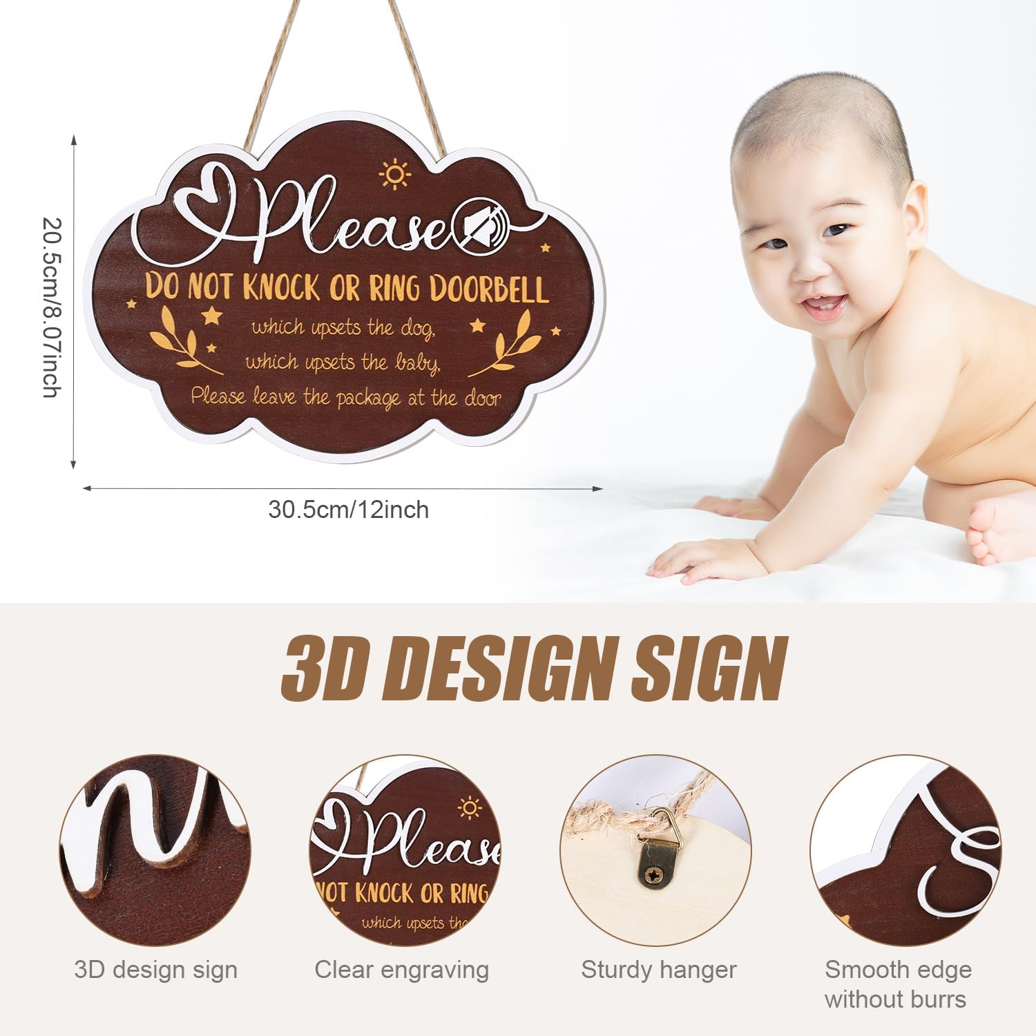 Baby Sleeping Sign, Hanging 3D Wooden Baby Sleeping Sign Plaque with Rope for Baby Room Nursery Kids Room Bedroom Front Door Decoration for New Parents Gifts (Model A) image number 1