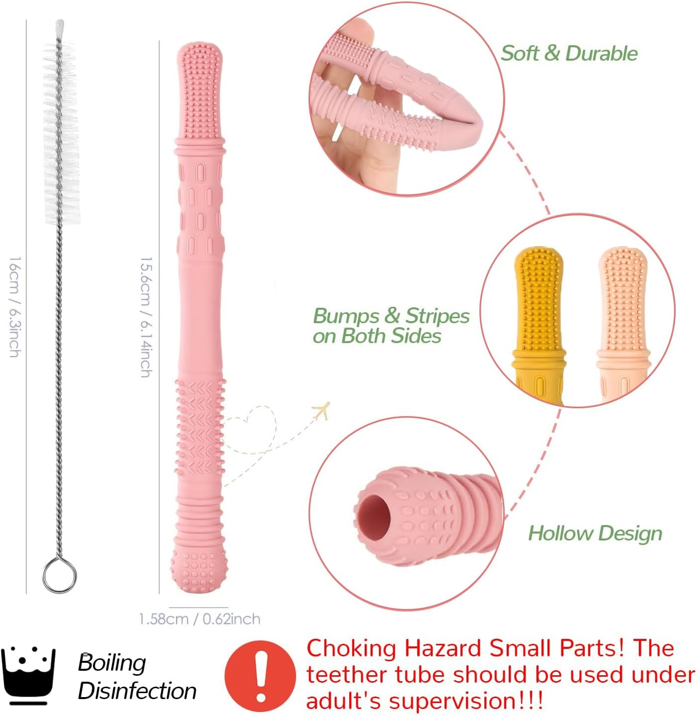 6-Pack Hollow Teether Tube & Chew Straw Sensory Toy - Silicone Teething Toys for Babies 0-36 Months | Bpa-Free, Freezable & Textured for Soothing Gums | Infant Developmental Learning Toys, On-The-Go Gift