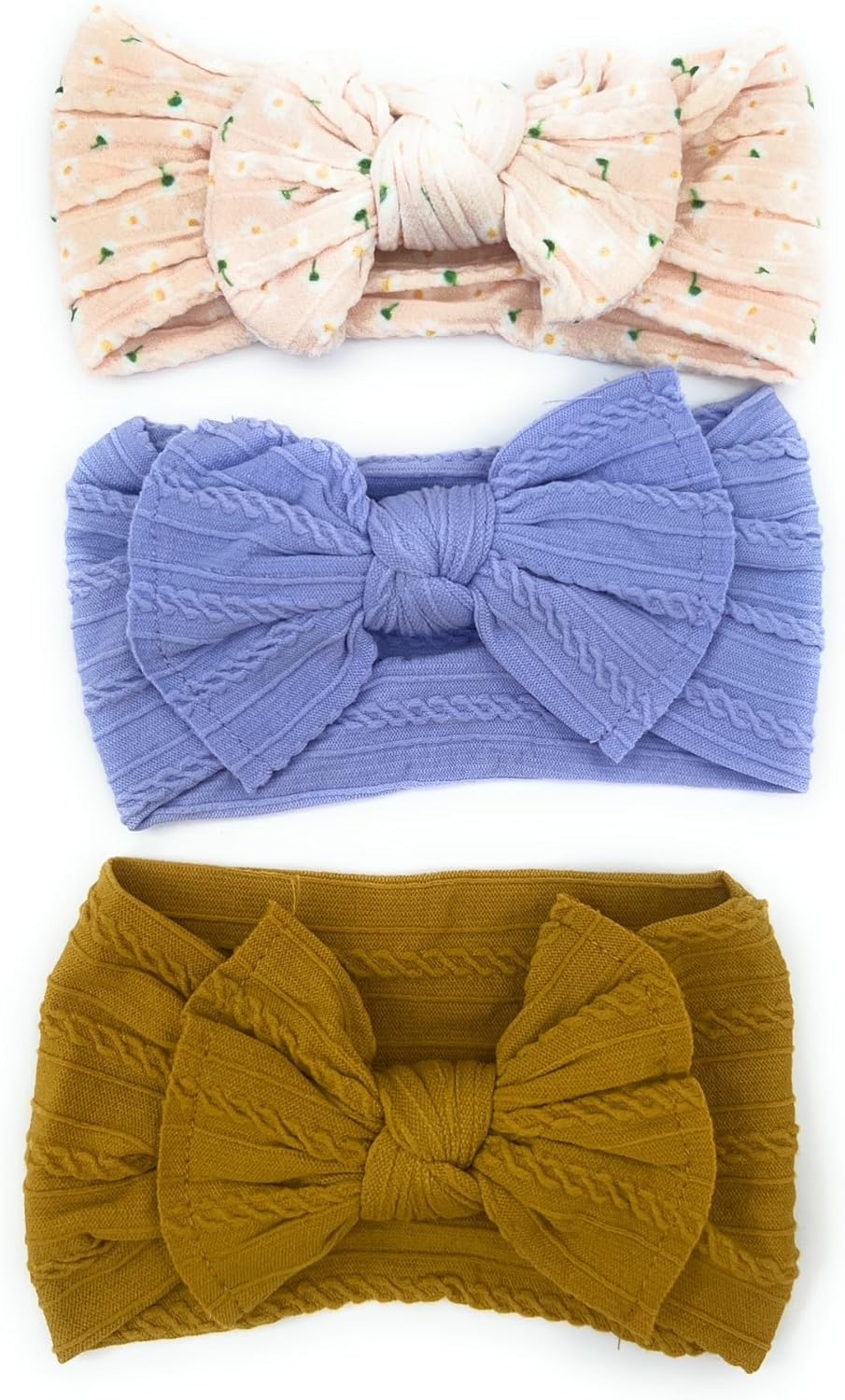 Baby Headbands Hairbands Hair Bow Elastics Handmade Hair Accessories for Baby Girls Newborn Infant Toddlers Kids. Comes in a 3-Pack, 4-Pack with Adorable Designs. Perfect for Everyday Wear, Birthdays, or Special Occasions. Floral Light Brown, Dark Square Pattern, White, (3 Pack) image number 6