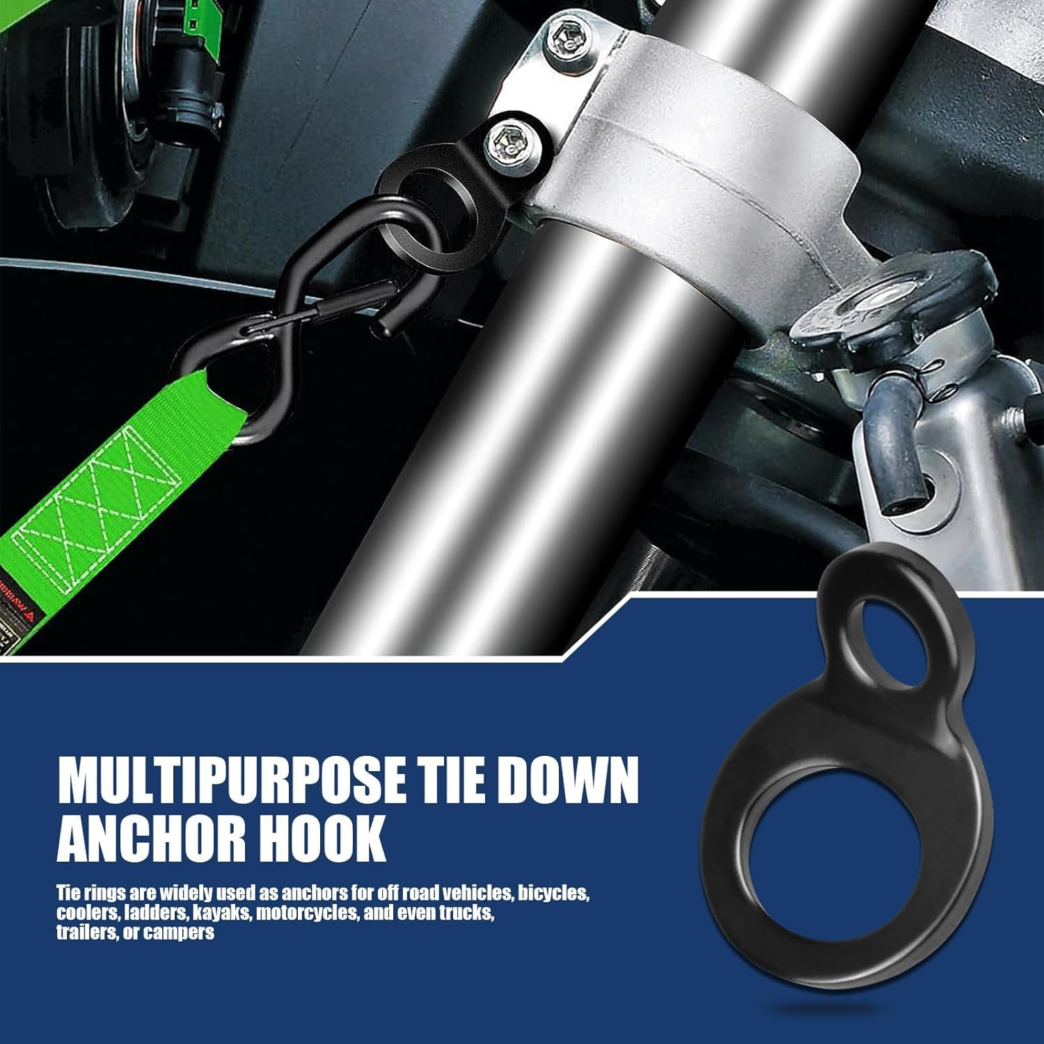 4 PCS Multi-Purpose Car Tie down Anchor Hook, 0.7In X 1.5In Sturdy Stainless Steel O Tie down Strap Rings, Universal Hook Replacement for Motorcycle Dirtbike ATV Trailer Truck (Black) image number 5