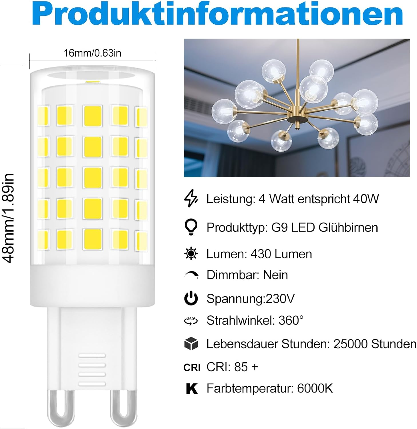 TRIJZHOU G9 3 W LED Bulbs Equivalent to 30 W-35 W Halogen Bulb, 430 Lumen, AC 220-240 V, Not Dimmable 6000 K Cool White, No Flicker, Energy Saving Small Bulb for Faretti Plafoniere, Pack of 5 image number 1