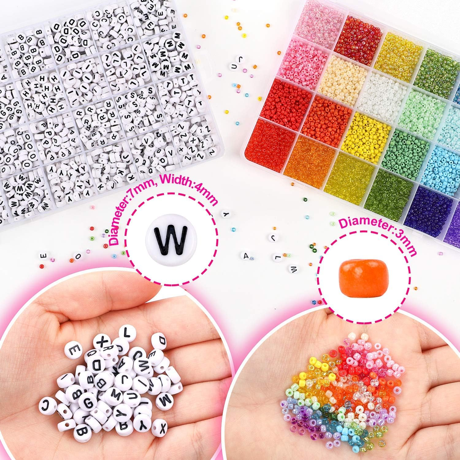 FJGSXHOME 10800Pcs 3Mm 8/0 Glass Seed Beads Craft Beads Kit and 1200Pcs Letter Alphabet Beads for Friendship Bracelets Jewelry Making Necklaces and Key Chains with 2 Rolls of Cord image number 3