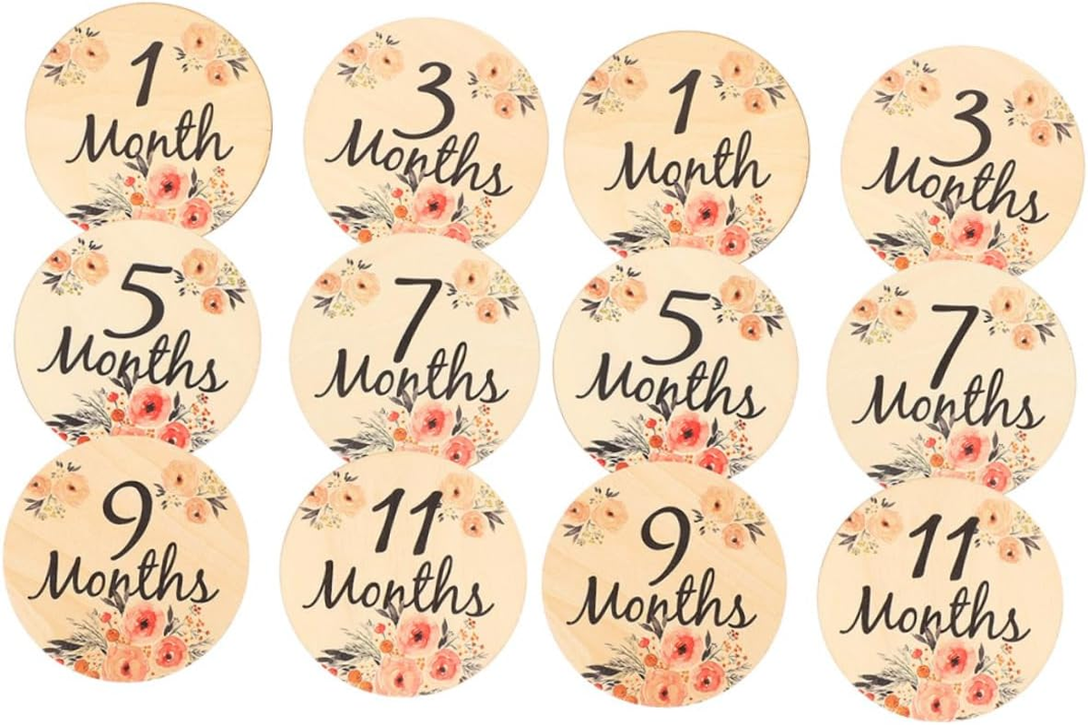 Toddmomy 12 Pcs Wooden Monthly Milestone Cards Double Sided Photo Props for Newborn Growth Tracking Chic Milestone Discs for Room Decor and Memorable Moments image number 3