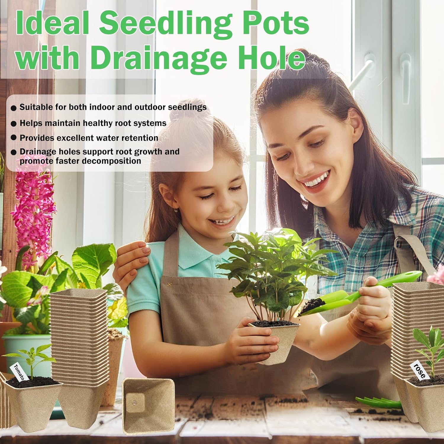 Doubleggs 150 Packs Square Peat Pots, 3.15-Inch Biodegradable Seed Starter Pots for Germination, Nursery Planting Trays with 100 Labels and 2 Transplant Tools image number 2