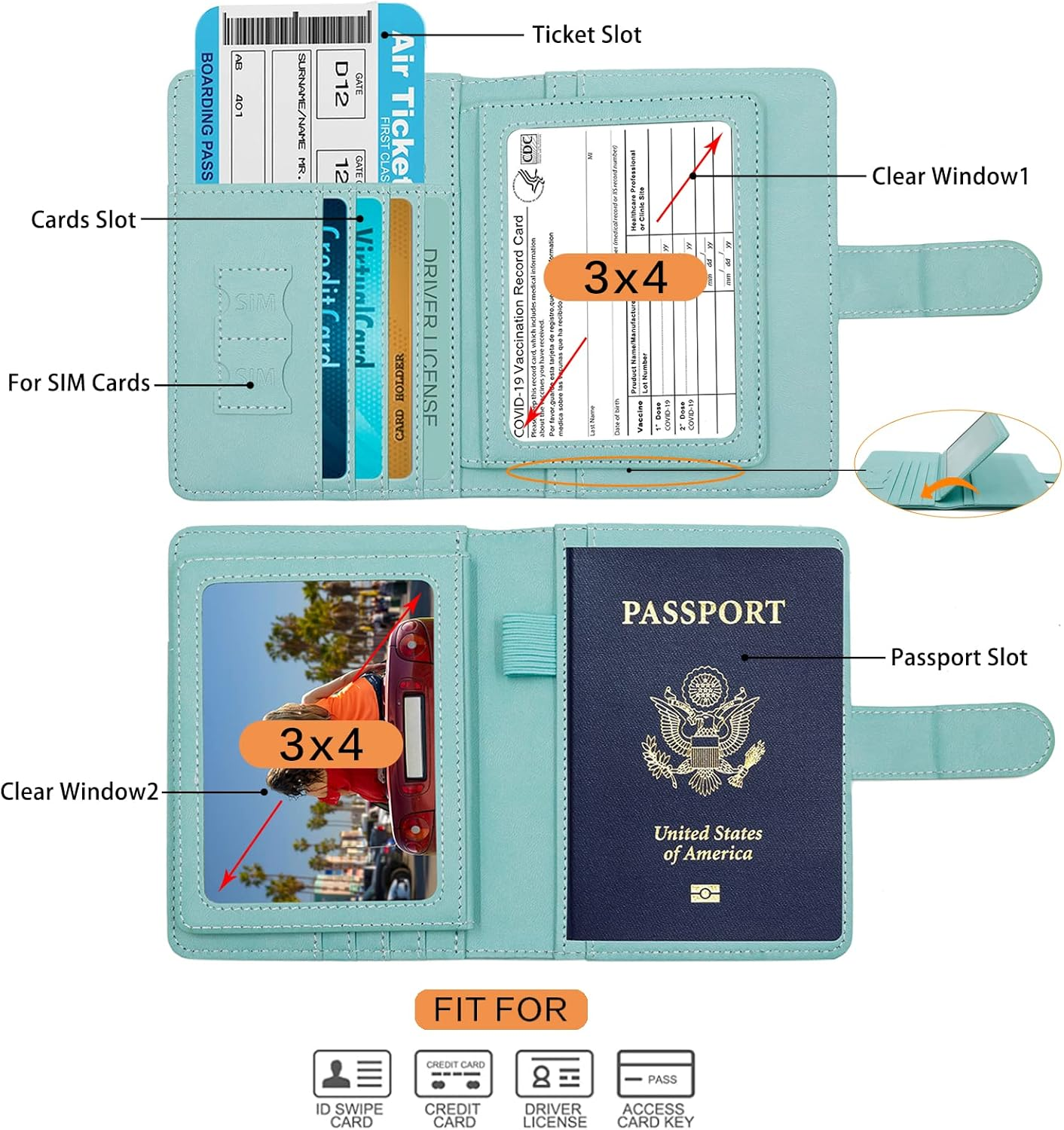 Deziliao Passport and Vaccine Card Holder Combo, PU Leather Passport Holder with Vaccine Card Slot, Passport Wallet for Men and Women&hellip;, Aqua Green, Upgrade - Black-Fly image number 7