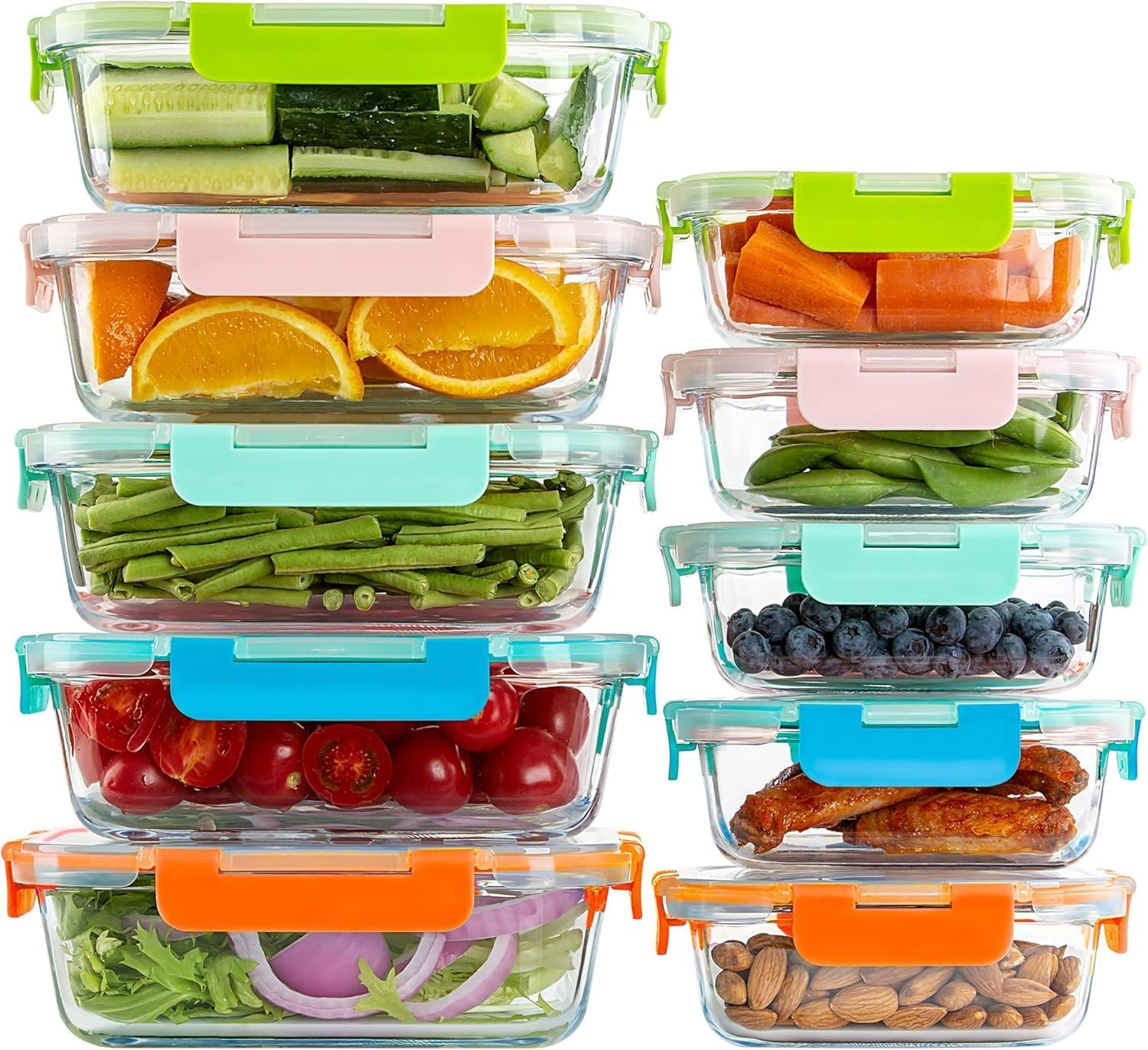 MINYII 10 Pack Glass Food Storage Containers with Lids, Meal Prep Pantry Kitchen Storage Containers for Lunch, Leak Proof, Airtight Glass Lunch Bento Boxes for Microwave, Oven, Freezer (Multicolor)