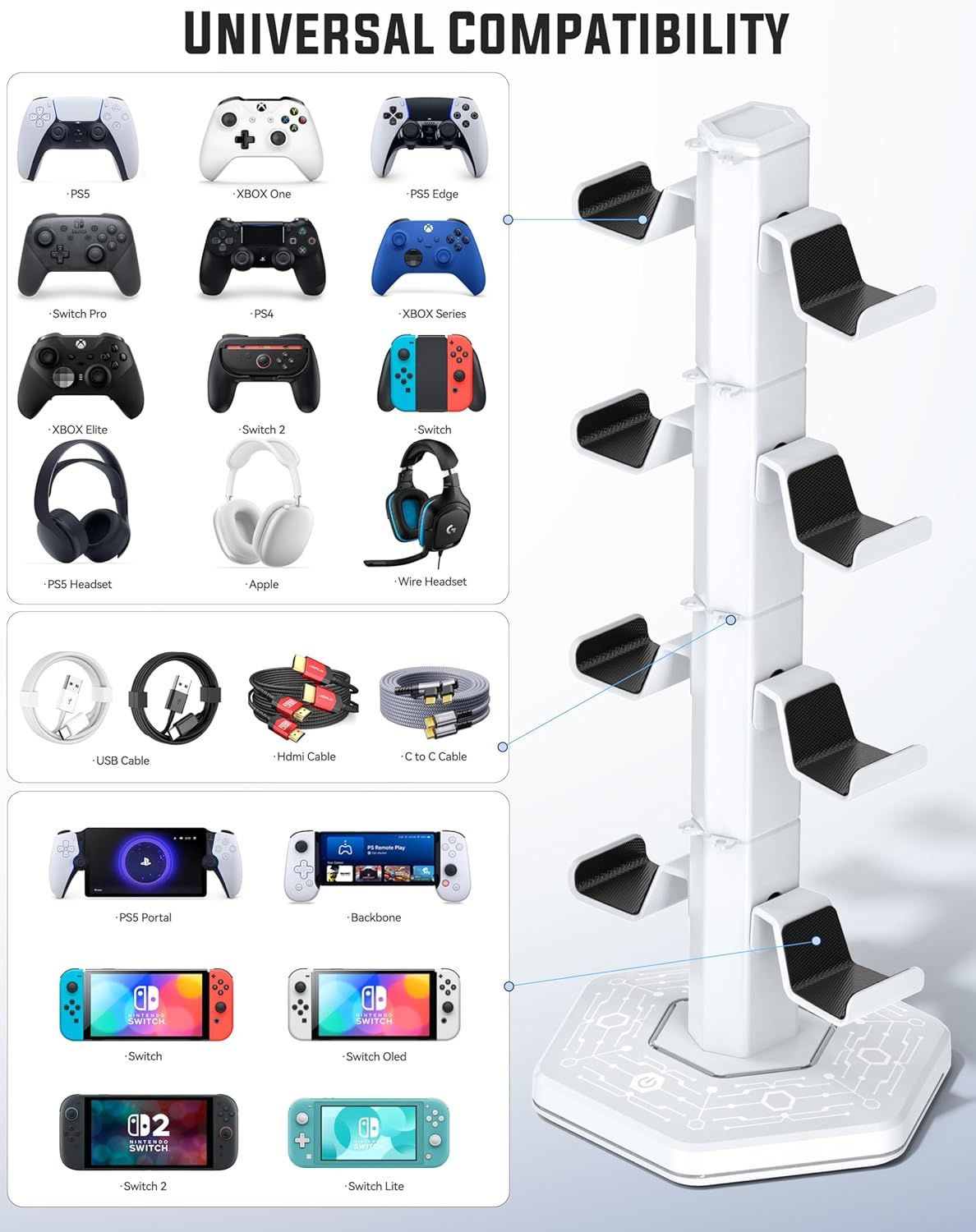 Kytok RGB Controller Holder for Ps5/Ps4/Xbox/Switch, Headphone Stand with 2 USB Charging Ports & Type-C & Headphone Jack, Controller Stand with Cable Organizer, Headset Holder for Desk, 4 Tiers White image number 1