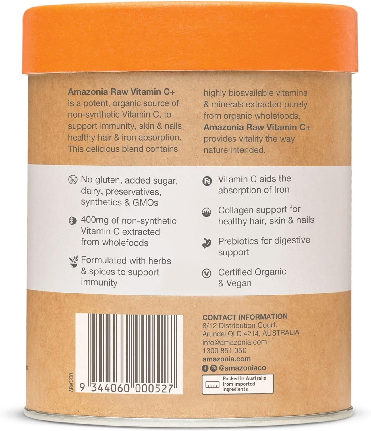 Amazonia Raw Wholefood Extracts Vitamin C+ - Certified Organic Vitamin C for Immune Support, Collagen Health & Skin Vitality, Non-Synthetic, Plant-Based, Gut Health & Prebiotic Supplement, 300G image number 5