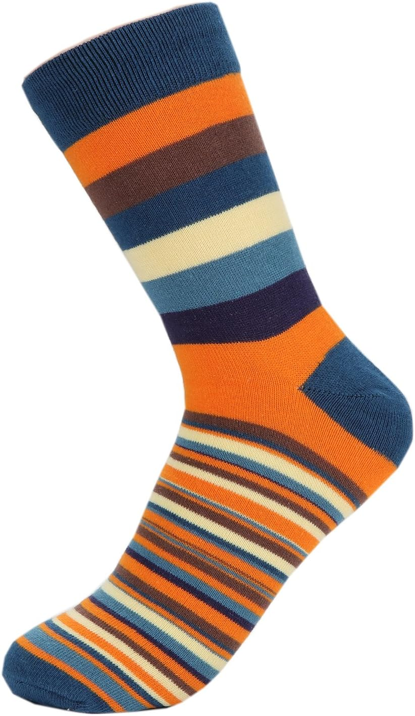 Hoyols Men'S Dress Casual Colorful Stripe Cotton Socks Patterned Business Long Socks (5 Packs)