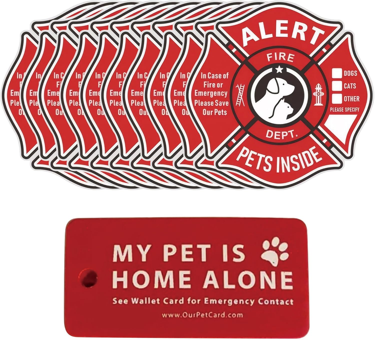 Pet Alert Stickers Static Cling Window Decals Emergency Pets Rescue Sign (10 Pack) with Bonus: Pet Home Alone Wallet Key Tag