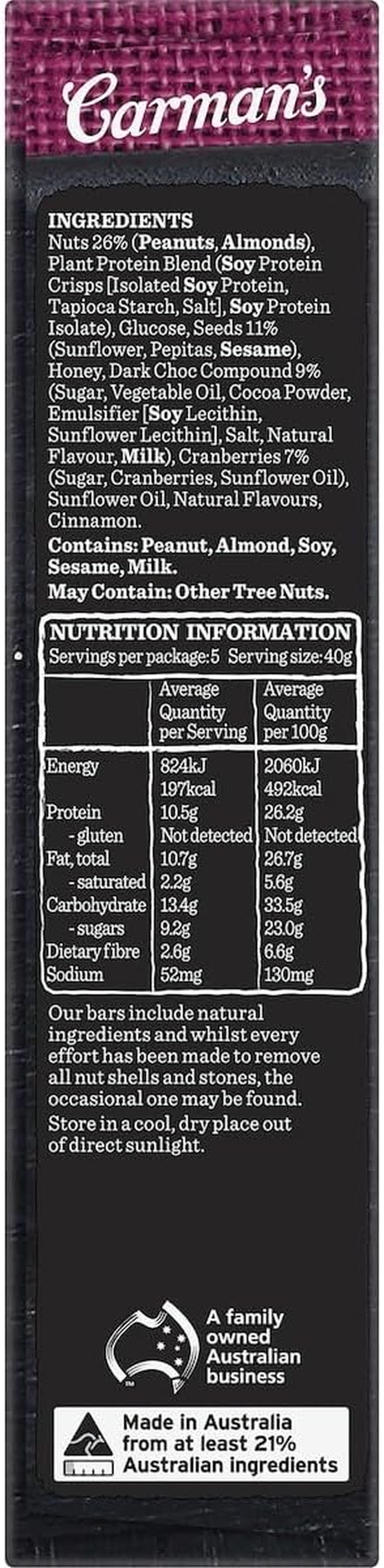 Carman'S Gourmet Protein Bar Dark Choc & Cranberry, 200 G image number 3