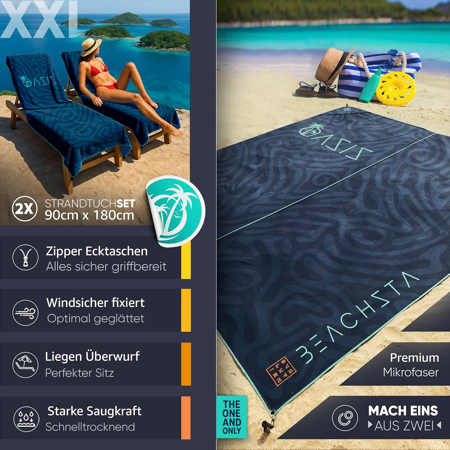 ESSENZZ Beachsta - Innovative Microfibre Bath Towel Large / 2 X Beach Towels - Set of 2 Bath Towels Large 90 X 180 Cm = Beach Towel XXL 170 X 180 Cm Beach Blanket Beach Mat