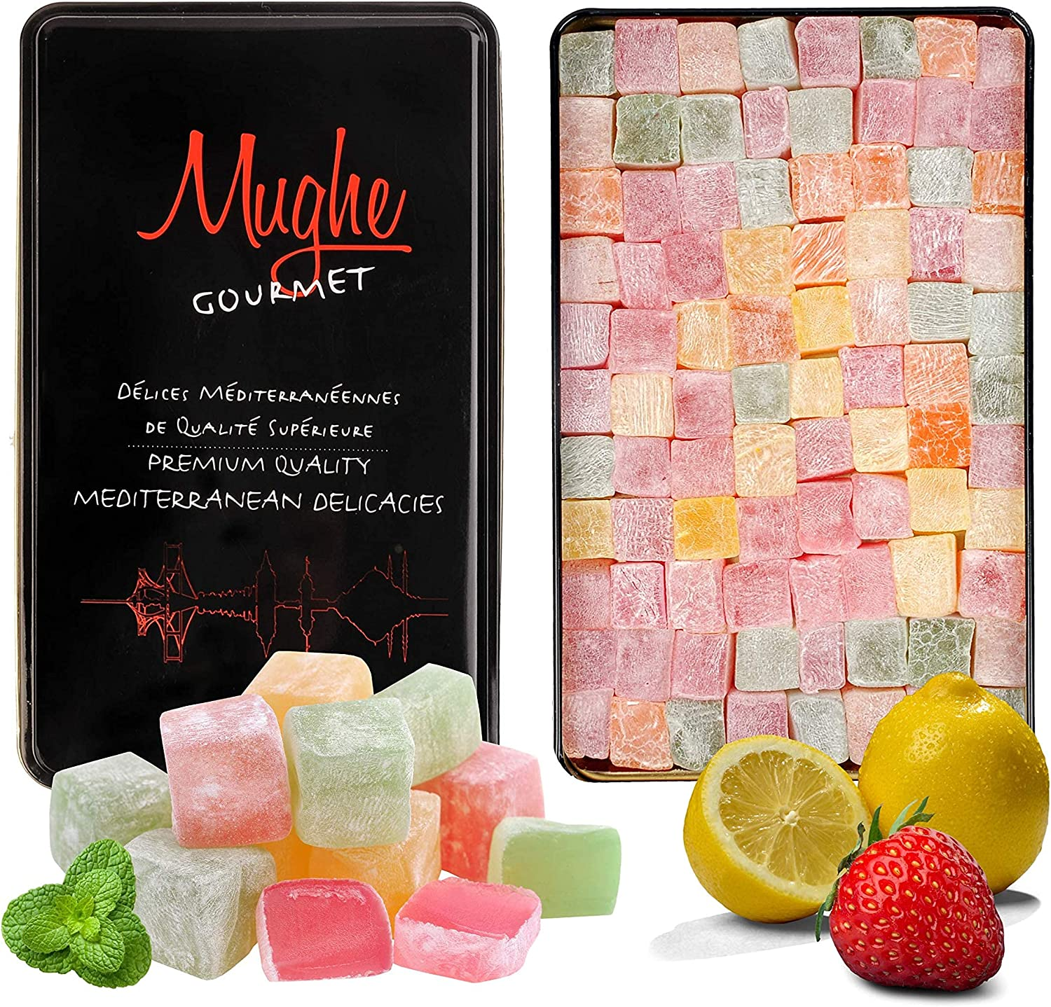Mughe Gourmet Turkish Delight Candy Elegant Metal Box - 1.65Lbs/750Gr - Halal, Vegan Lokum Fruit Flavors Rose, Strawberry, Lemon, Orange, Mint - Perfect for Special Occasions, Christmas, Birthdays image number 3