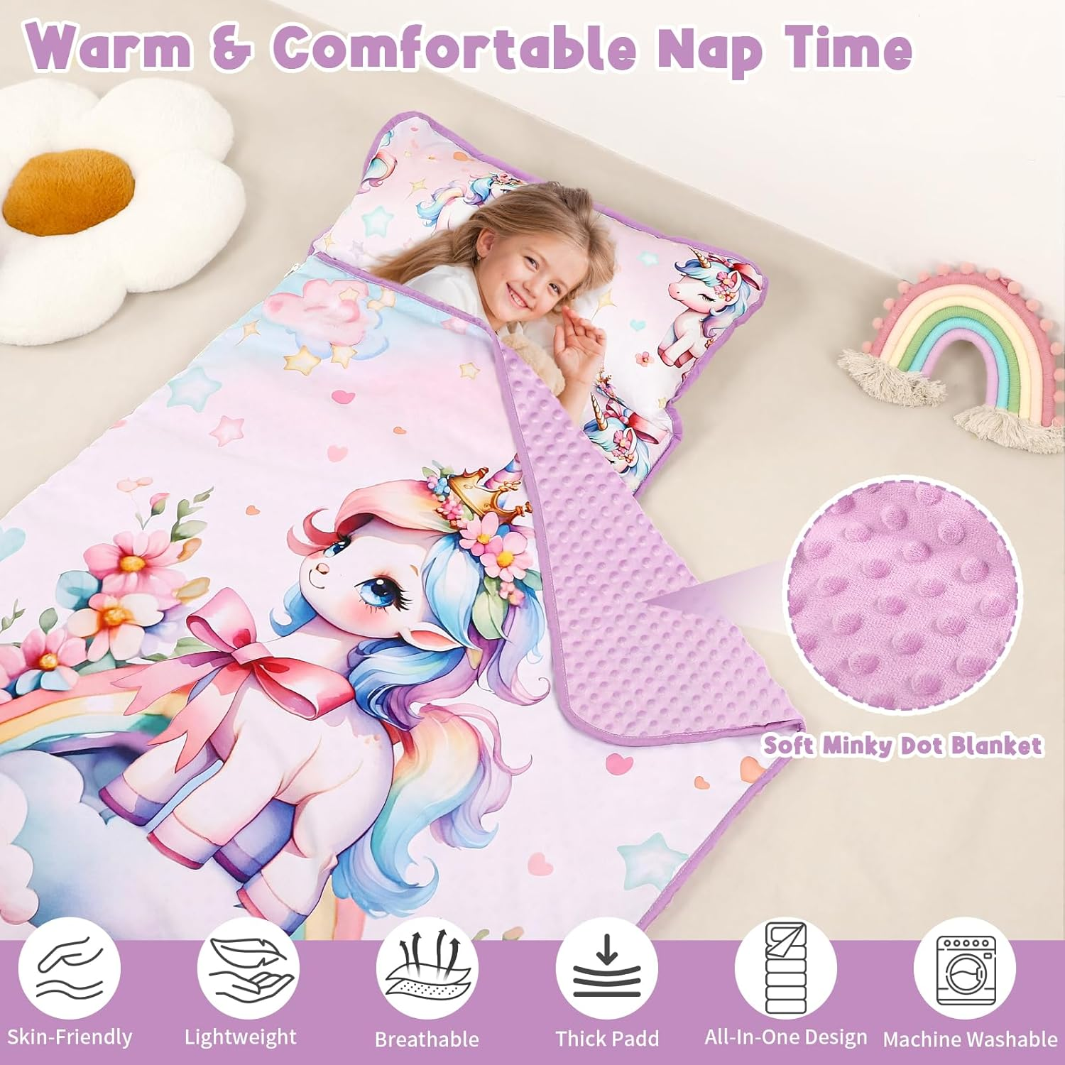 Toddler Nap Mat with Removable Pillow & Soft Minky Blanket, HNHUAMING Extra Large Rolled Napping Mats for Girls Boys, Kids Slumber Bags for Daycare, Preschool Travel Camping