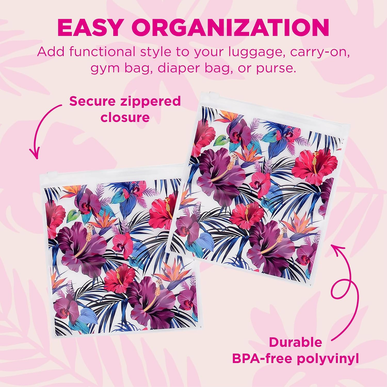 Miamica Women'S Resealable Toiletry Bag & Travel Packing Organizers, Hibiscus, 12 Pack, Hibiscus, 12 Pack, Resealable Bags - Toiletry Bag & Travel Packing Organizers image number 4